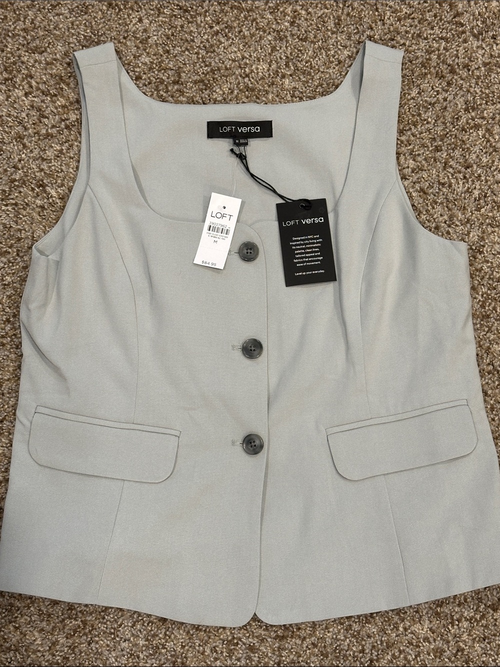 LOFT versa Pale Gray Green Button-Front Sleeveless Vest